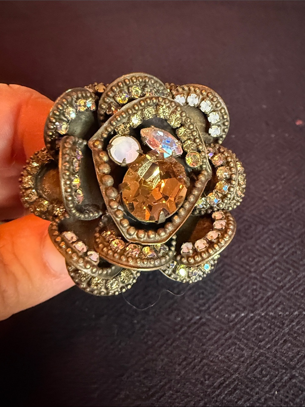 Crystal Flower Statement brass and rhinestone ring